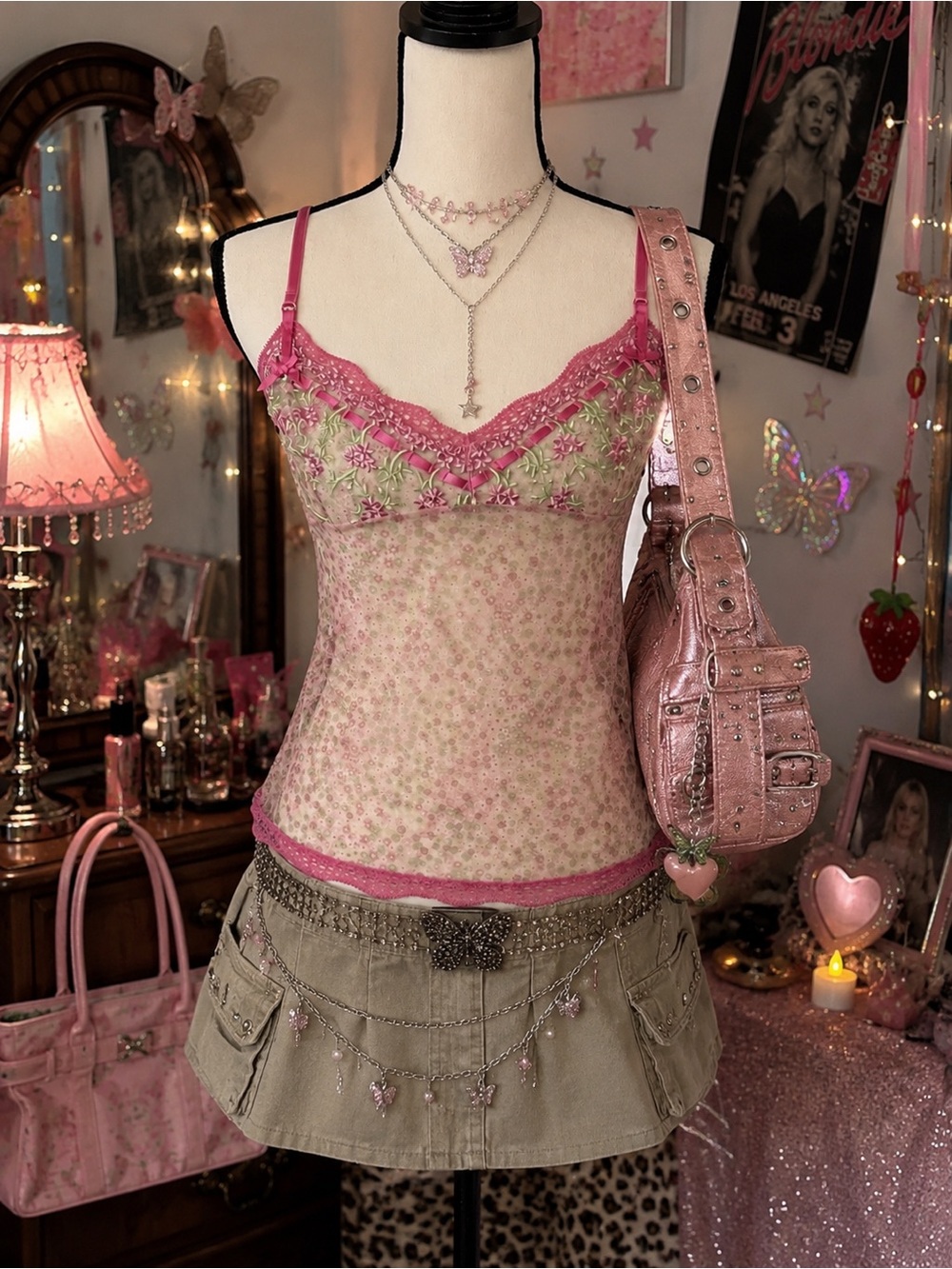 Vintage 2005 Victoria's Secret Angels Pink Green Sheer Floral Embroidered Cami M
